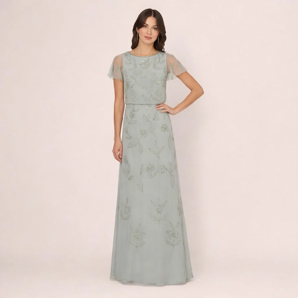 Adrianna Papell Sage Green Beaded Floral Maxi Gown Size 12 NWT GALA MOB Formal